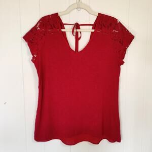 White House Black Market Red Lace Top Cap Sleeve Tie Back L Romantic Coquette